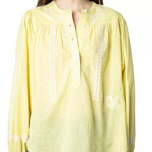 New - Zadig & Voltaire Tigy Embroidered Blouse in Zest (light yellow), Size XS
